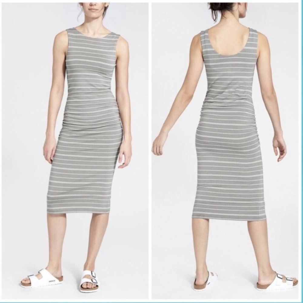 Athleta ruched comeback midi dress in gray and white stripe